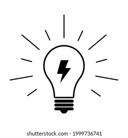 Icono de vector Blub. Bombilla de luz amarilla brillante aislada en un fondo blanco. Vector azulado claro con interior eléctrico y rayos brillantes, idea, pensamiento creativo. Concepto idea, Diseño vector plano.