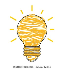 Icono de vector Blub. Bombilla de luz amarilla brillante aislada en un fondo blanco. Vector azulado claro con interior eléctrico y rayos brillantes, idea, pensamiento creativo. Concepto idea, Diseño vector plano.