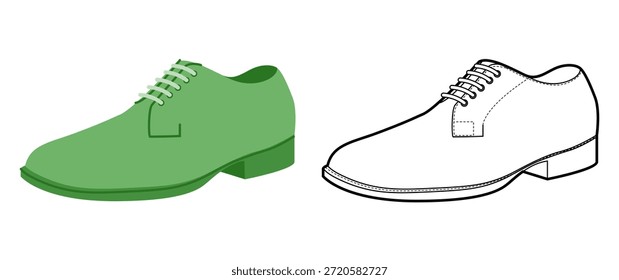 Conjunto de zapatos de línea plana más verde de Blucher para hombre. Calzado de cuero con cordones abierto estilo de oficina casual elegante versátil. Ilustración técnica CAD maqueta boceto Vector mujeres unisex contorno aislado.