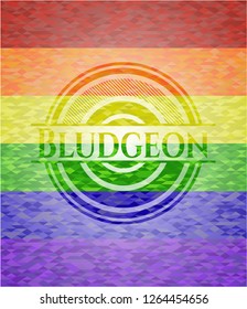 Bludgeon emblem on mosaic background with the colors of the LGBT flag
