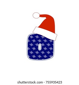 Blue 0 with snowflakes in a Santa Claus hat. Vector illustration of a zero.