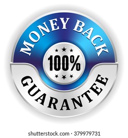 Blue 100 percent money back badge with silver border