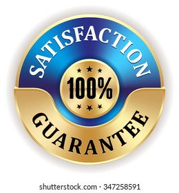 Blue 100 percent satisfaction badge with gold border