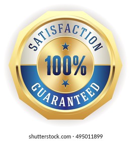 Blue 100 percent satisfaction badge with gold border on white background