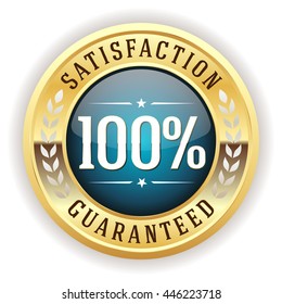 Blue 100 percent satisfaction button, badge with gold border