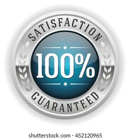Blue 100 percent satisfaction button, badge with silver border on white background