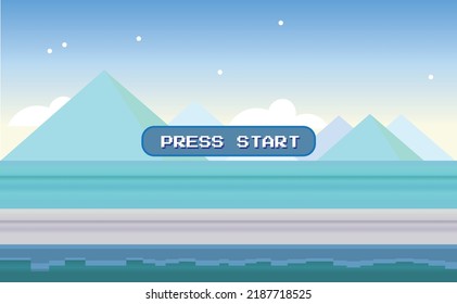 Blue 1980's vintage game background with pink clouds and pyramids, initial retro video game screen with the written text "press start" in a pop-up button. Vector illustration