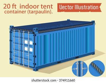 Blue 20 foot Indoor tent container (tarpaulin). Marine vector containers. Isolated sea containers on a light background. Layered vector illustration.