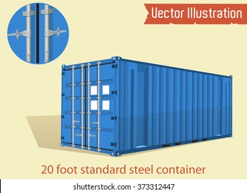 Blue 20 foot standard steel container. Marine vector containers. Isolated sea containers on a light background. Layered vector illustration.