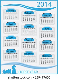 Blue 2014 monday start calendar template on blue background. Easy to edit calender illustration with horse figures. Abstract isolated calendar vector design. 