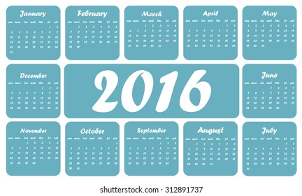 Blue 2016 calendar, in English, squares on white background