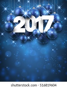 Blue 2017 New Year background with Christmas balls. Vector illustration.