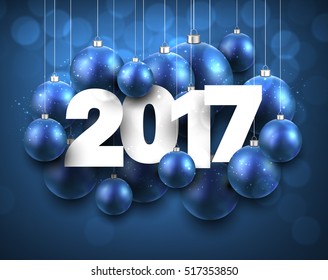 Blue 2017 New Year Background con bolas de Navidad. Ilustración vectorial.