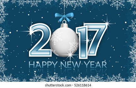 Blue 2017 New Year vector banner with hanging bauble and bow.