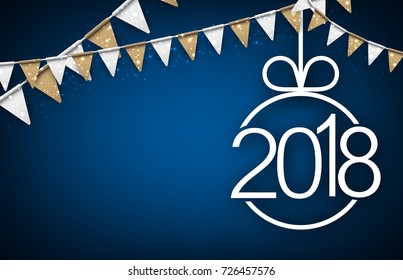Blue 2018 New Year background with golden flags. Vector paper illustration.