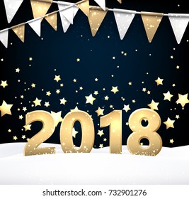 Blue 2018 New Year background with golden flags. Vector illustration.
