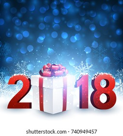 Blue 2018 New Year background with gift and snow. Vector illustration.