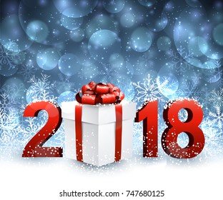 Blue 2018 New Year background with gift and snowflakes. Vector illustration.