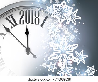 Blue 2018 New Year background with clock and snowflakes. Vector illustration.