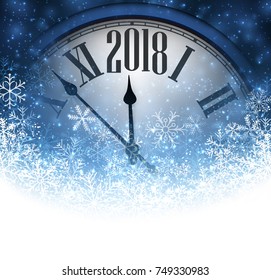 Blue 2018 New Year background with clock and snow. Vector illustration.