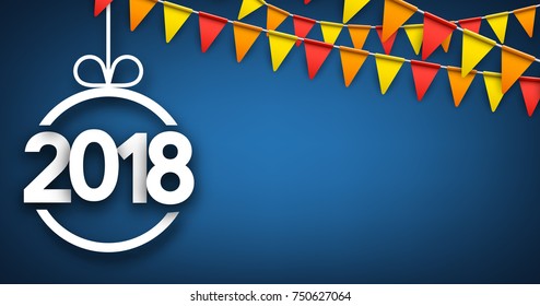 Azul 2018 Fondo de Año Nuevo con coloridas banderas. Ilustración de papel vector.