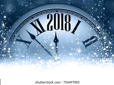 Blue 2018 New Year background with clock and snow. Vector illustration.