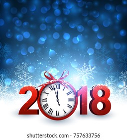 Blue 2018 Neujahrshintergrund mit Uhr und Schneeflocken. Vektorgrafik.