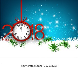 Blue 2018 New Year background with clock and snow. Vector illustration.