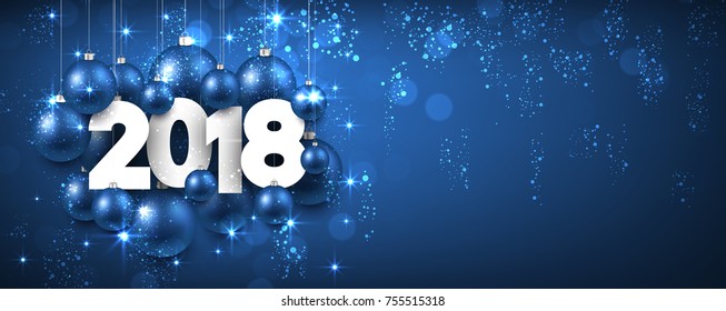 Blue 2018 New Year banner with Christmas balls. Vector illustration.