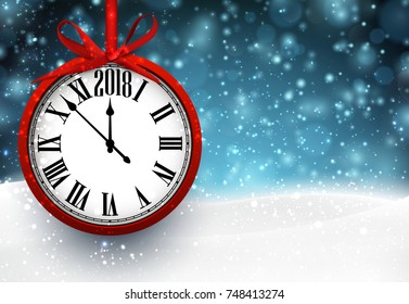 Blue 2018 New Year shining background with round clock. Vector illustration.