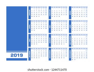 Blue 2019 German calendar. Vector illustration with blank space for your contents. All elements sorted and grouped in layers for easy edition. Printable landscape version