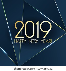 Blue 2019 Happy New Year card with premium polygonal gradient triangles and foil texture lines background. Festive rich design for holiday card, invitation, calendar poster. Happy 2019 New Year text.