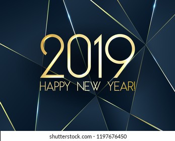 Blue 2019 Happy New Year card with premium polygonal gradient triangles and foil texture lines background. Festive rich design for holiday card, invitation, calendar poster. Happy 2019 New Year text.