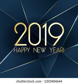 Blue 2019 Happy New Year card with premium polygonal gradient triangles and foil texture lines background. Festive rich design for holiday card, invitation, calendar poster. Happy 2019 New Year text.
