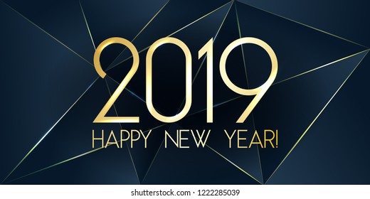 Blue 2019 Happy New Year card with premium polygonal gradient triangles and foil texture lines background. Festive rich design for holiday card, invitation, calendar poster. Happy 2019 New Year text.