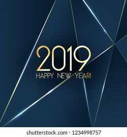 Blue 2019 Happy New Year card with premium polygonal gradient triangles and foil texture lines background. Festive rich design for holiday card, invitation, calendar poster. Happy 2019 New Year text.