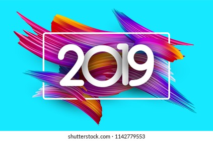 Azul 2019 nuevo año de fondo con pinceladas de marco y espectro. Diseño de pincel degradado colorido. Tarjeta de saludo o plantilla de afiche. Ilustración de papel vector.