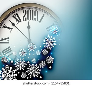 Blue 2019 New Year background with round clock and white snowflakes. Beautiful Christmas greeting card template. Vector illustration.