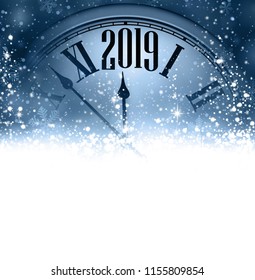 Blue 2019 New Year background with clock and snowflakes. Beautiful Christmas greeting card. Vector illustration.