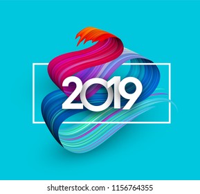 Blue 2019 new year background with white frame and spectrum brush stroke. Colorful gradient brush design. Greeting card or poster template. Vector illustration.