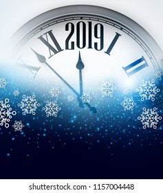 Blue 2019 New Year background with grey clock and snowflakes. Beautiful Christmas greeting card. Vector illustration.
