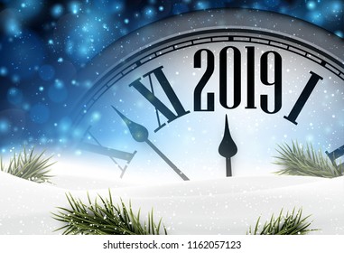 Blue 2019 New Year background with clock, fir branches and snow. Vector illustration.