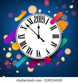 Blue 2019 new year background with round clock and abstract colorful pattern. Christmas greeting card template. Vector illustration.