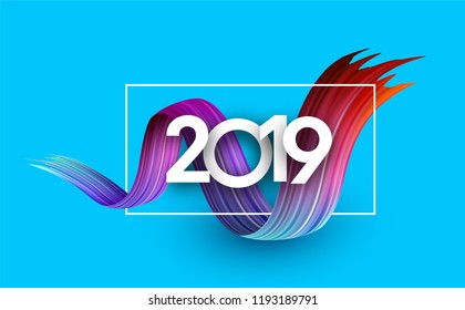 Blue 2019 new year background with white frame and spectrum brush stroke. Colorful gradient brush design. Greeting card or poster template. Vector illustration.