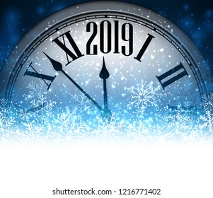 Blue 2019 New Year background with clock and beautiful snowflakes. Vector illustration.