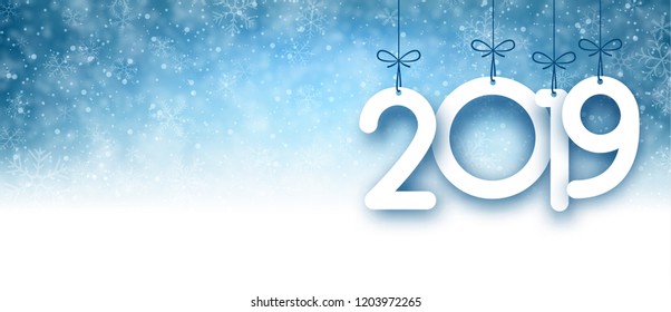 Blue 2019 New Year banner with snow. Vector background.