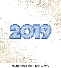 Blue 2019 new year design on white background with gold confetti and snowflakes pattern