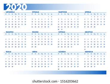 Blue 2020 Basque calendar. Vectorial illustration with blank space for your contents. All elements sorted and grouped in layers. DIN-A4 or DIN- A3 printable landscape version