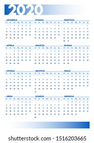 Blue 2020 Basque calendar. Vectorial illustration with blank space for your contents. All elements sorted and grouped in layers. DIN-A4 or DIN- A3 printable portrait version