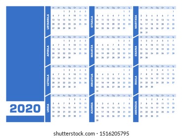 Blue 2020 Basque calendar. Vectorial illustration with blank space for your contents. All elements sorted and grouped in layers. DIN-A4 or DIN- A3 printable landscape version